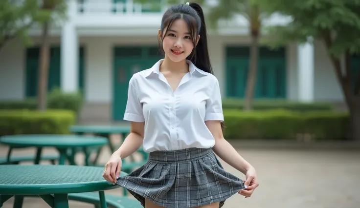 Real photos High-quality Realistic of thai woman, Beautiful girl (((large breast , big breast , nsfw))) , Best Quality, 20 years old thai girl in a school uniform astanding near a green metal table,  She is wearing a white shirt(((large breast , big breast...