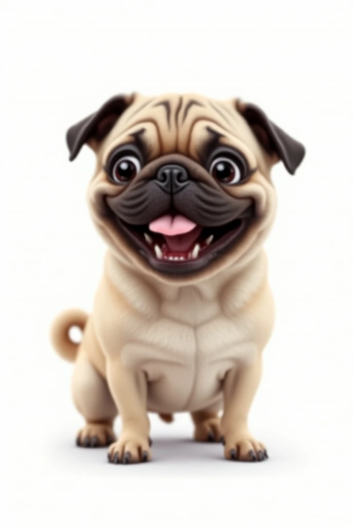 Pug dog smiling and looking up with bulging eyes on a white background 