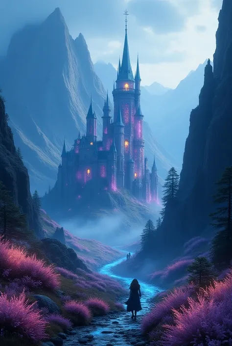 Aetheris fantasy world  ,  large mountains and a castle with crystals,  and luminous vegetation and flowers 
