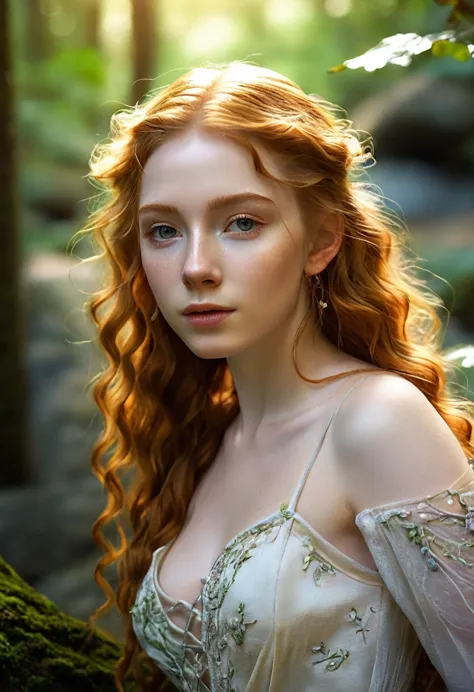 (realistic:1.4), elven teen girl in the forest, pale curly long ginger hair, delicate features of a thin face, cute sexy, fantas...