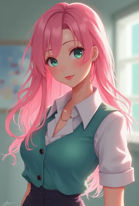 Pink pastel hair, Mint eyes, E Cup, Student suit, High school , Senior, Little smile