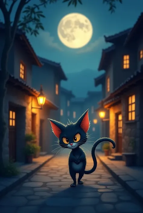 "Illustrate Whiskers, a sleek cartoon cat with expressive eyes, prowling through the moonlit village with a mischievous grin. He sneaks around, blending with shadows under glowing lanterns. The color scheme is muted yet warm, evoking the quiet thrill of hi...