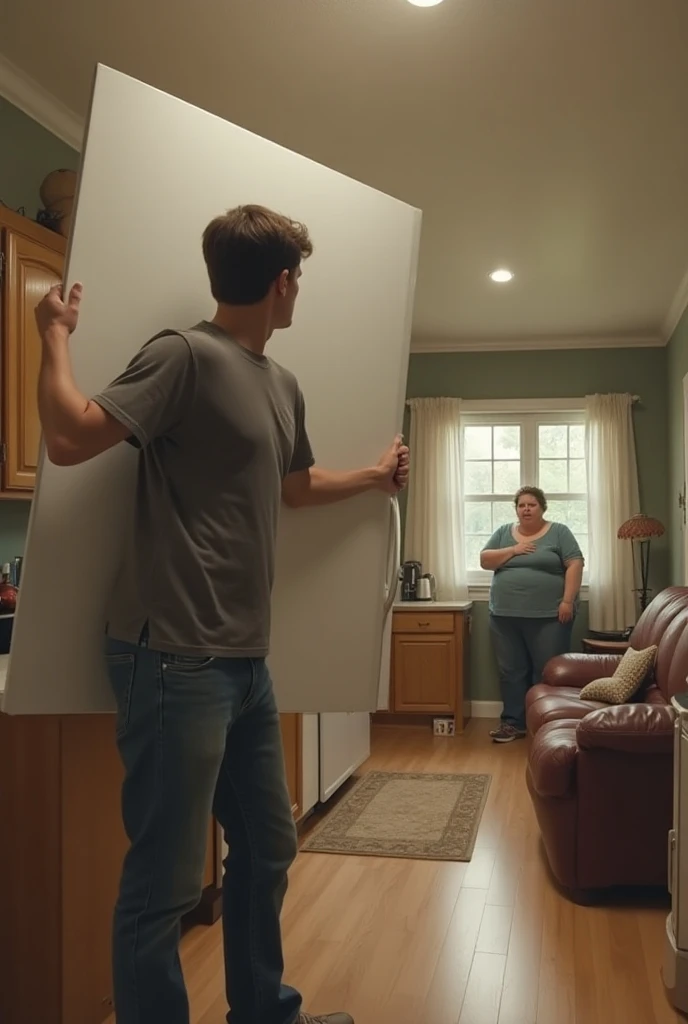 A young husband carry a fridge in kitchen where his fat wife looking in disappointed from living room 