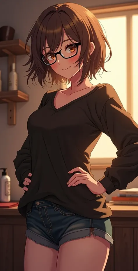 Anatomically Correct, High Resolution, High Quality, Short Hair, Bangs, Brown Hair, Wavy Hair, Messy Hair, Breasts, Brown Eyes, Smile, From Above, Depth Of Field, Anime, Loose Black Shirt, Short Jean Shorts, Black Glasses, Beautiful Brown Eyes, Cute, Short