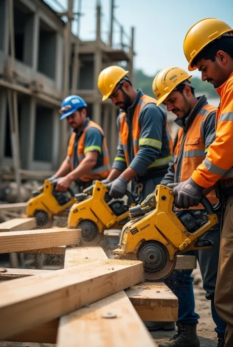 Workers using chip saw cutters、 Work Site、 helmet 、Work clothes、construction site、Close-up your hands