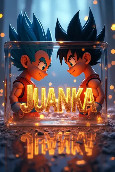 Create image with cartoons of Vegeta and Animé and Goku with the name of Juanka with shiny gold letters and glass in the center 