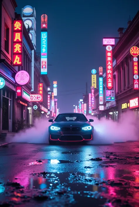 Neon street at night, a car is driving on the street, shining enchanting light in the sky ， Cinematic Lighting ，（ best quality ，4K，8k， high resolution ，masterpiece：1.2），Dynamic composition， vivid colors ，fantasy，Concept art style