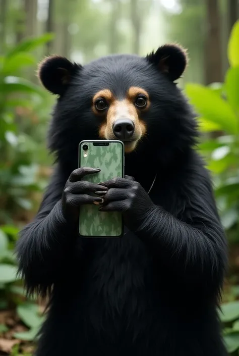 A sloth bear taking a picture with an iPhone 16 in a mirror 