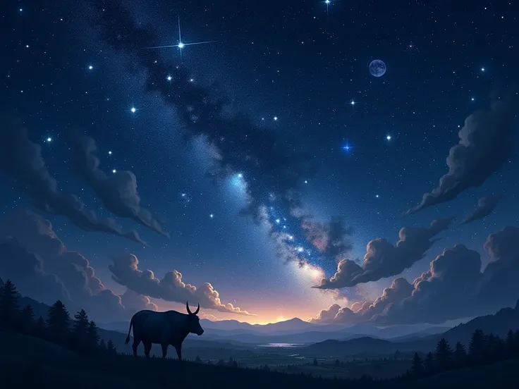 Constellations shining in the sky 、 Connect the stars in the shape of a bull、 Lots of stars shine in the night sky 、Beautiful starry sky、High image quality、Realistic