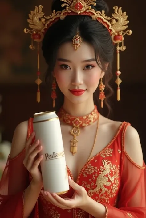 A stunning beauty with ancient oriental charm, shown in a close-up shot wearing a red and gold phoenix-embroidered wedding dress, holding a sleek, can "PAULSTIENER" BEER in her hand. The focus is on the elegant details of her hand and the can, emphasizing ...