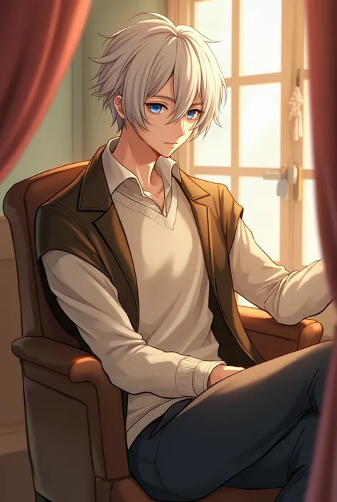  male anime character , Cute boy with white hair and blue eyes , sitting, elegant clothes,  white sweater ,   black jacket  , periphery,   white hair ,   short hair,   photo shoot, Back window , sitting,  masterpiece , fringe,  white hair , fringe recto, 