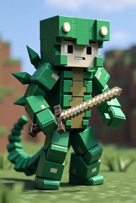 Create an image of a Minecraft player wearing a green Scorpion costume with white skin and a sword in his hand and give me the image 