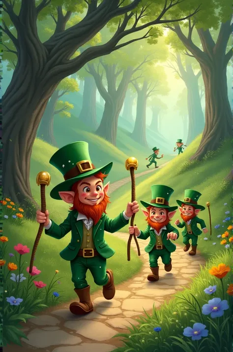 Leprechauns walking along a path with their poles on their way to a magical forest world