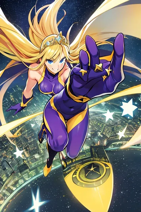 ((best quality)), ((masterpiece)), (detailed), 1 girl, full body, 19 years old, white skin, smiling face, masked face, blushing, blonde hair, straight hair, long hair, bangs, full body, superhero mask, yellow mask, hands with stars, blue bracelets, purple ...