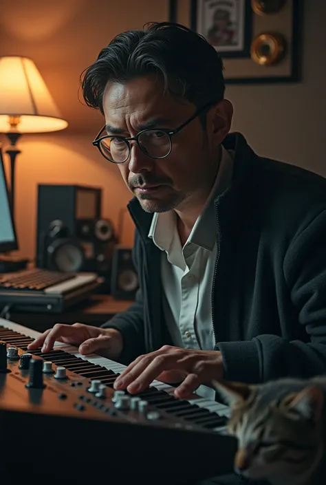 Adult man with glasses, Serious, with a synthesizer piano and a cat