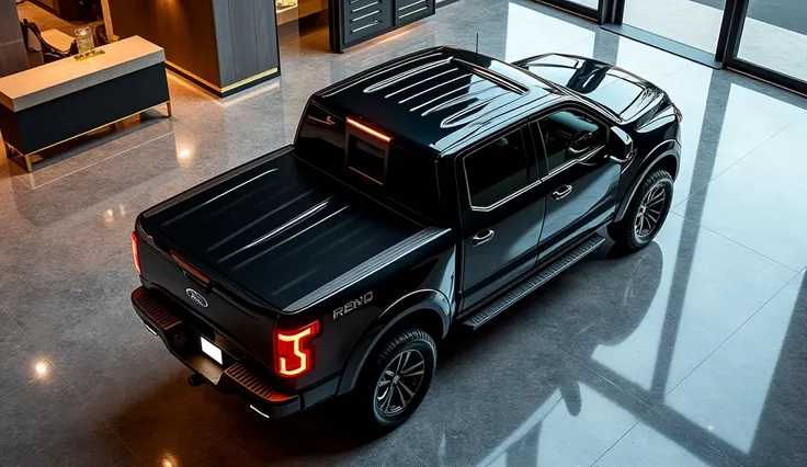 "prompt": "Create an image of the 2025 Ford 3500HP pickup truck from a top-down view in a luxury showroom. The truck features a strong, robust roof design with visible detailing such as the sunroof, roof rails, and the contours of the hood and bed, all in ...