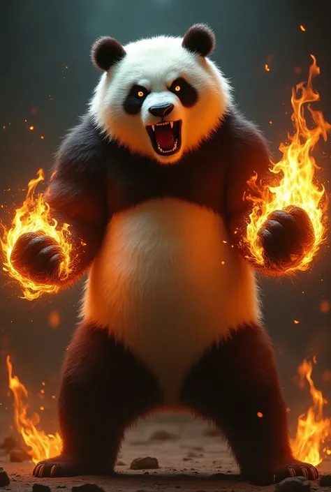 beast panda in rage screaming and let the panda be full body and fist with flames reduce the flames and get more rage in the panda and let the flames be other colour and only for the fists as of it has super powers side face make it a little supernatural a...