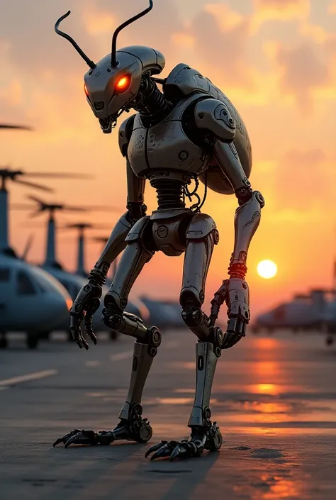  Unan mutant Saibor robot ant in a helicopter parking lot standing ,At sunset 