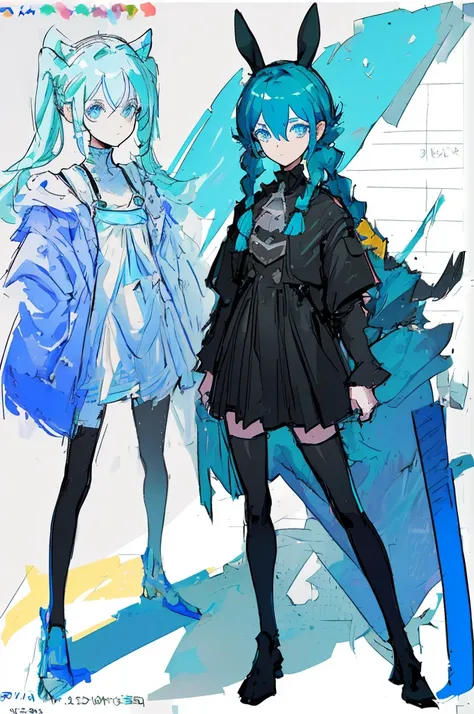  black background with spotlights,（ Animal Ears、Bunny ears、  blue eyes、Green Dress、  long eyelashes 、  Long blue hair with braids ）,sketch (  Character Design Sheet, same characters, whole body, three views, Front, ~ ~ ~ ~ side, return),(Very bright:1.1), ...