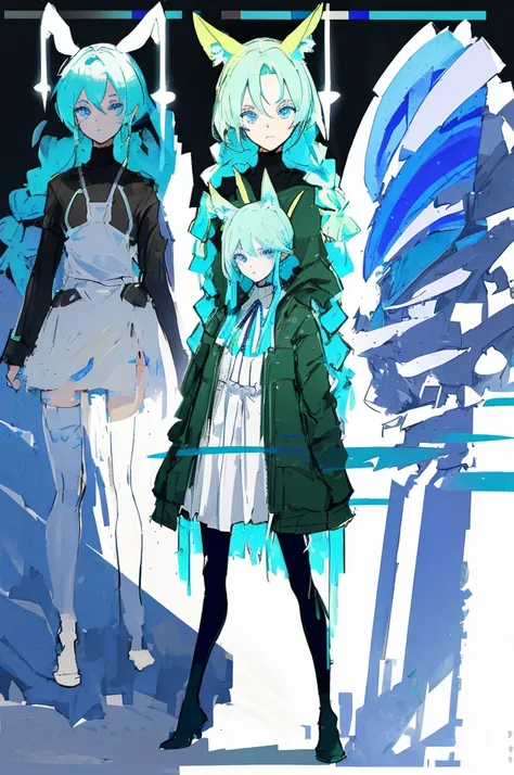  black background with spotlights,（ Animal Ears、Bunny ears、  blue eyes、Green Dress、  long eyelashes 、  Long blue hair with braids ）,sketch (  Character Design Sheet, same characters, whole body, three views, Front, ~ ~ ~ ~ side, return),(Very bright:1.1), ...