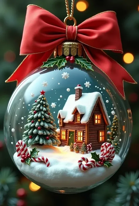 ผลงานชิ้นเอก, "A beautifully detailed Christmas ornament depicting a cozy winter
village scene, enclosed in a transparent glass bauble adorned with a large red bow. Snow-covered cottages, a decorated Christmas tree, and gentle snowfall create a nostalgic h...