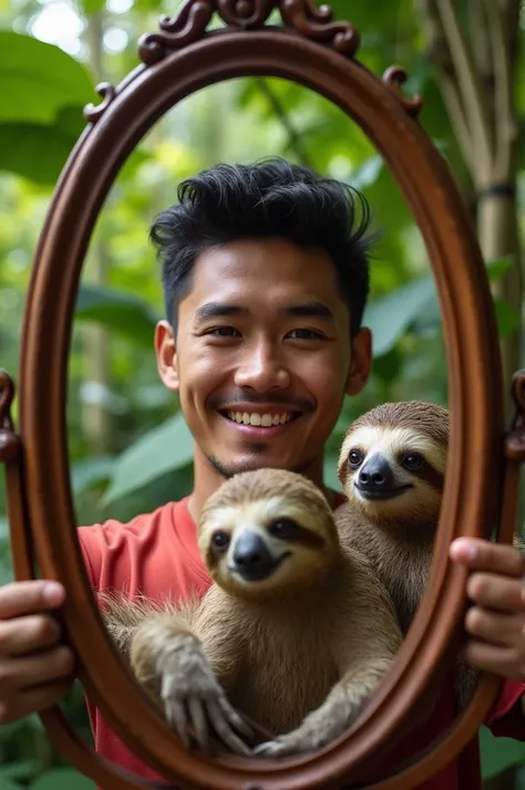 Natanel Cano ,  taking a picture with a sloth in a mirror 