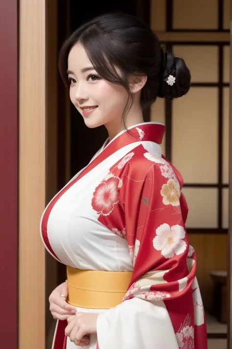 kimono red, big breasts, whole body, from side, smile, background white,