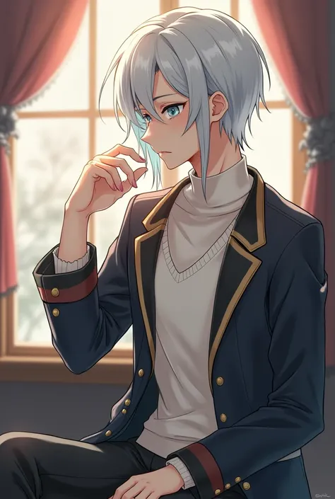  male anime character , Cute boy with white hair and blue eyes , sitting, elegant clothes,  white sweater ,   black jacket  , periphery,   white hair ,   short hair,   photo shoot, Back window , sitting,  masterpiece , fringe,  white hair , fringe recto, 