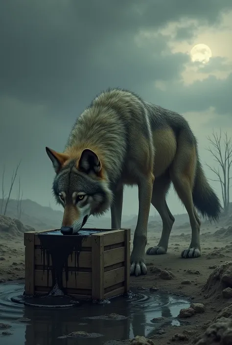 A lone wolf stands in a desolate, barren landscape beneath a dramatic sky. It is drinking from a wooden crate that is leaking a black, tar-like substance. The wolfs fur is matted and dirty, and its expression is one of desperation and sadness. The scene is...