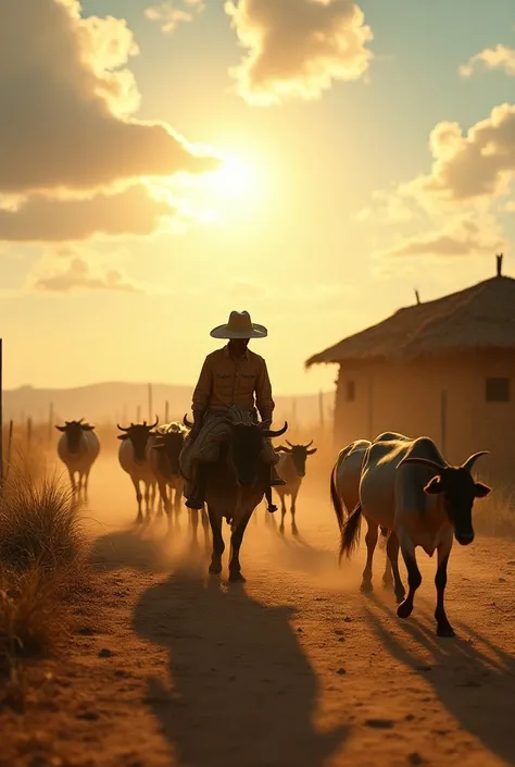  landscape of northeastern Brazils Caatinga with a man in a straw hat walking around herding oxen, goats and chickens heading to a mud house under a midday sun 