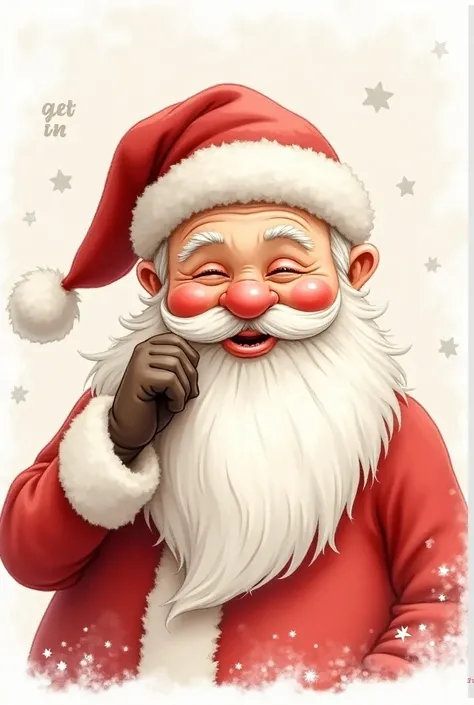 A classic, vintage-style Santa Claus illustration in a watercolor style, with an older, wise expression and a friendly smile. Santa has a fluffy white beard, rosy cheeks, and wears the traditional red Santa hat with white trim and a fluffy pom-pom. He hold...