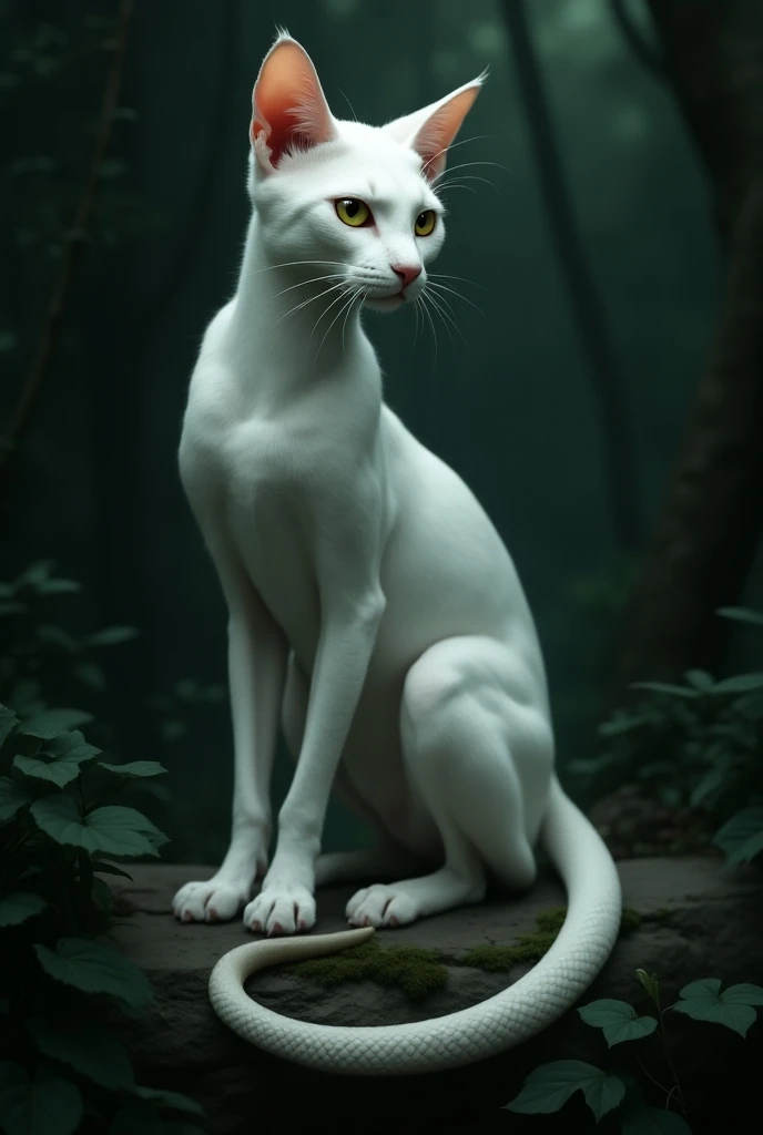 A white colored cat, its lower part from the stomach is like a snake and the upper body is like a cat. like the indian serial naagin  same carecter 