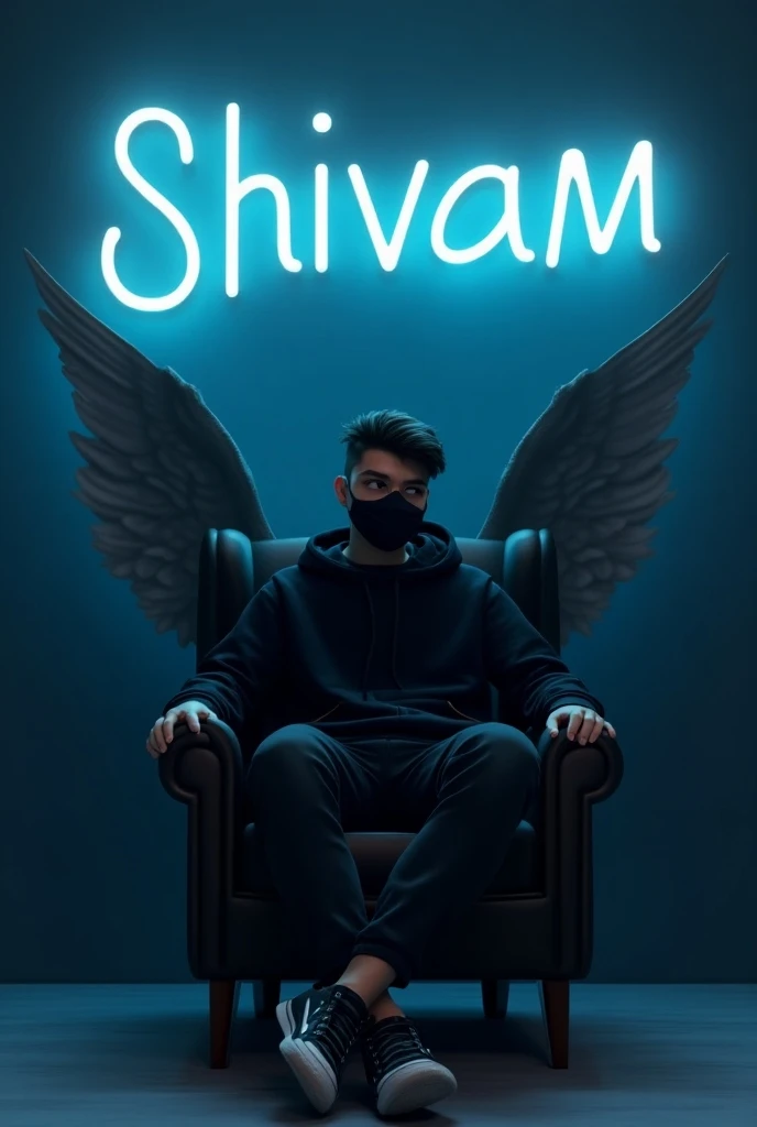 3RD PROMPT :- Сreate 3D Vision for a profile picture where a “25” Year old cute boy in a black hoodie sitting casually. Wing Back Chair, Wearing sneakers, with black mask, and sunglasses, he looks shead. The background features “SHIVAM” in hig and capital ...