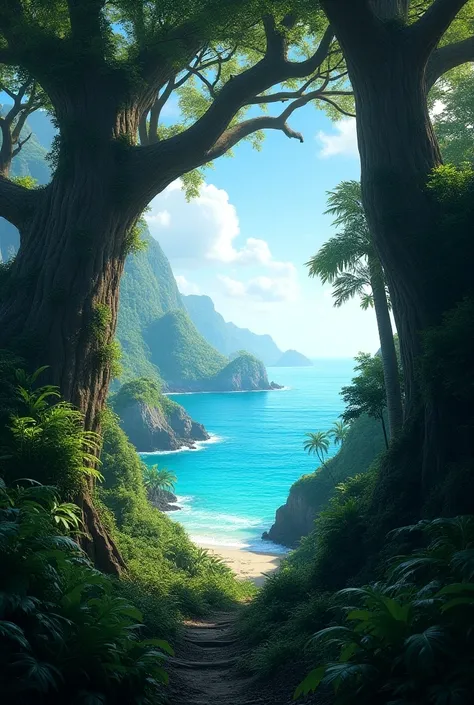  big trees ,  dense jungle vegetation, an intense blue sea .