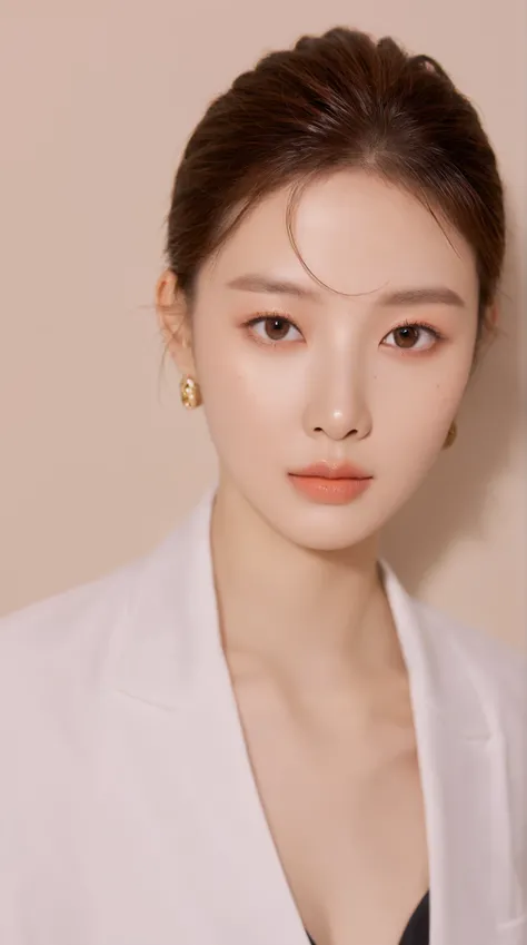 "Create a high-resolution commercial photo of a Korean supermodel with flawless, radiant skin, soft and natural makeup, and a poised yet relaxed expression, set against a clean white background. The model should exude elegance and confidence, with subtle l...