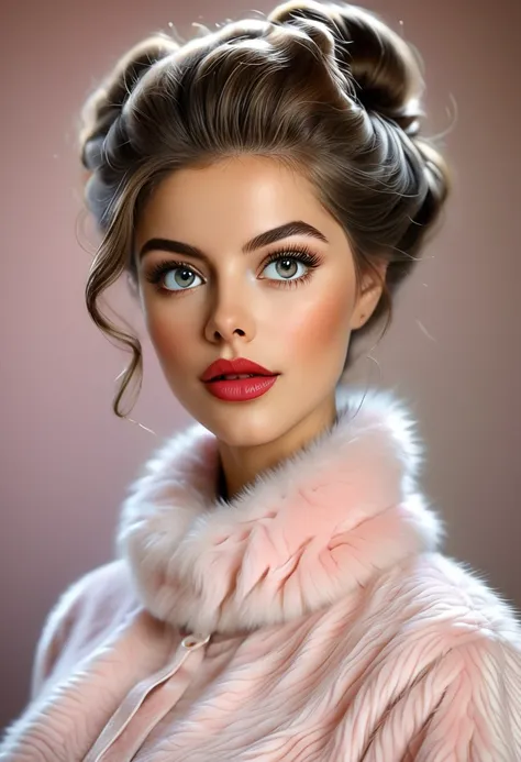 A Beautiful Women In A furry blouse furry skirt. Plush Lips. Large Doe Eyes. G-Cup. The Medium Used To Depict This Artwork Is Oil Painting, Ensuring A High-Quality And Detailed Result. The Painting Style Is Realistic And Photorealistic, With Vivid Colors A...