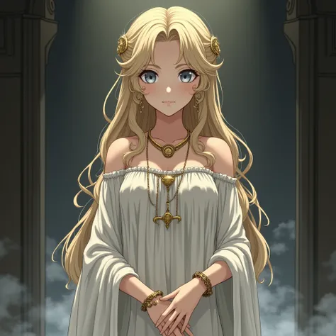 This is an exquisite illustration from a Japanese anime, depicting a beautiful ancient Roman girl, wearing an elegant ivory white classical dress, a gold necklace set with various jewelry, and a gold bracelet. Her blonde locks were styled intricately yet e...