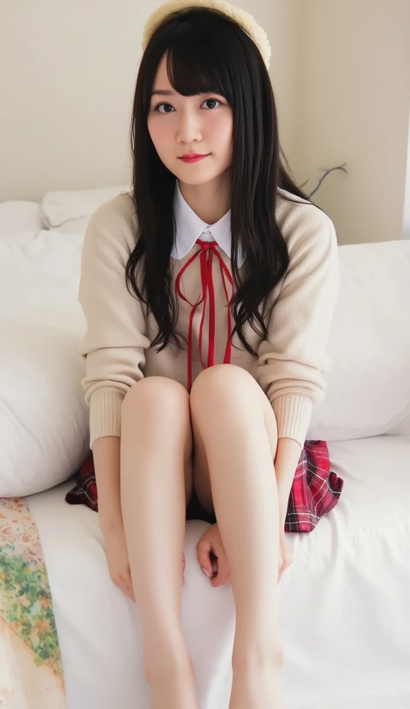 (((8k、 there is nothing、Best Quality、 there is nothing)))Alone、Natural body shape、  white skin、    natural makeup、  black hair、bangs、  operate straight hair  、、((High School Uniform)) 、((  beige cardigan  、 Long sleeve blouse、 white collar blouse ))、((  re...