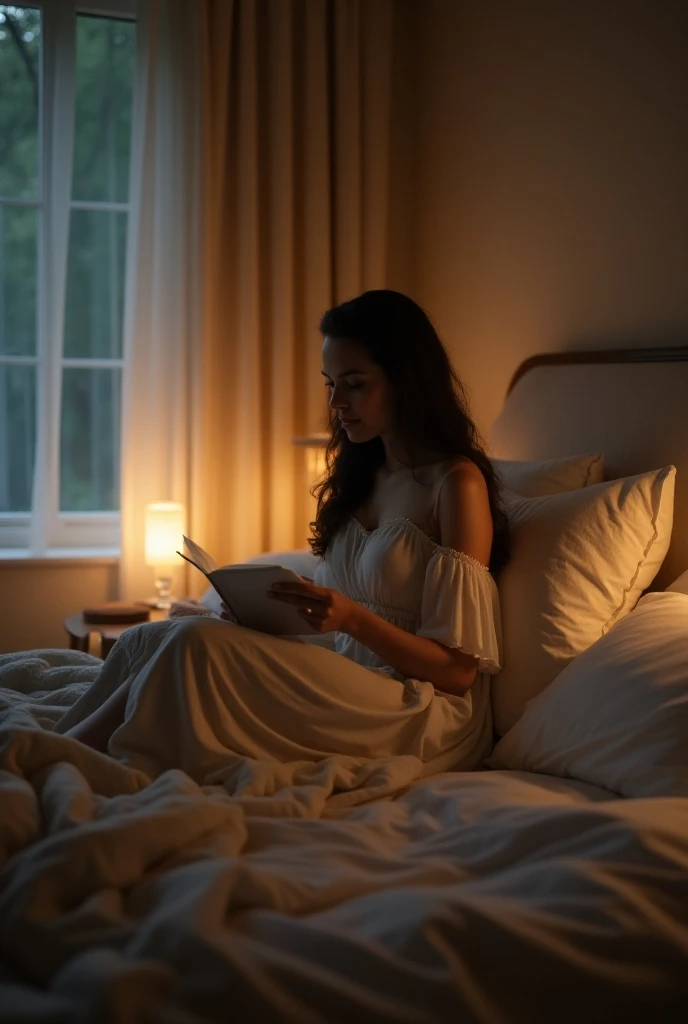 A scene of a lady in a night dress sitting on her bed, enjoying a quiet evening. The bedroom is softly lit, creating a warm and cozy atmosphere. The bed is adorned with fluffy pillows and a soft blanket, with a bedside table and lamp casting a gentle glow....