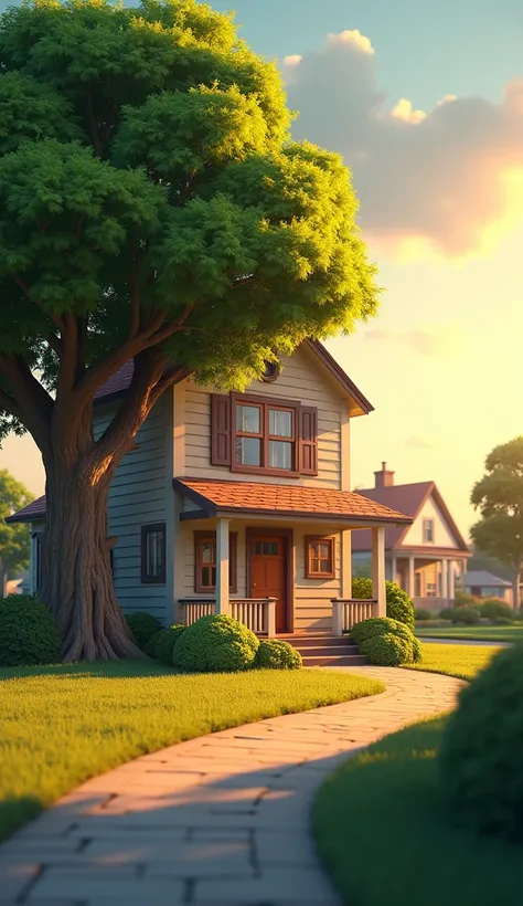 in 3 D animation image,  appears from a distance a house with a large tree next to it,  the atmosphere of the afternoon the sun will sink , the atmosphere of the residential complex 