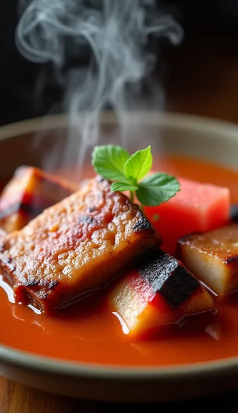  with a high quality camera , Pork ribs stew with watermelon until it is burnt,  is an Asian soup .  The soup is very rich ,  cooked with Asian cooking , Its very tempting .  exquisite dishes ,  removes hot steam , clear image. Shallow depth of field,  fil...