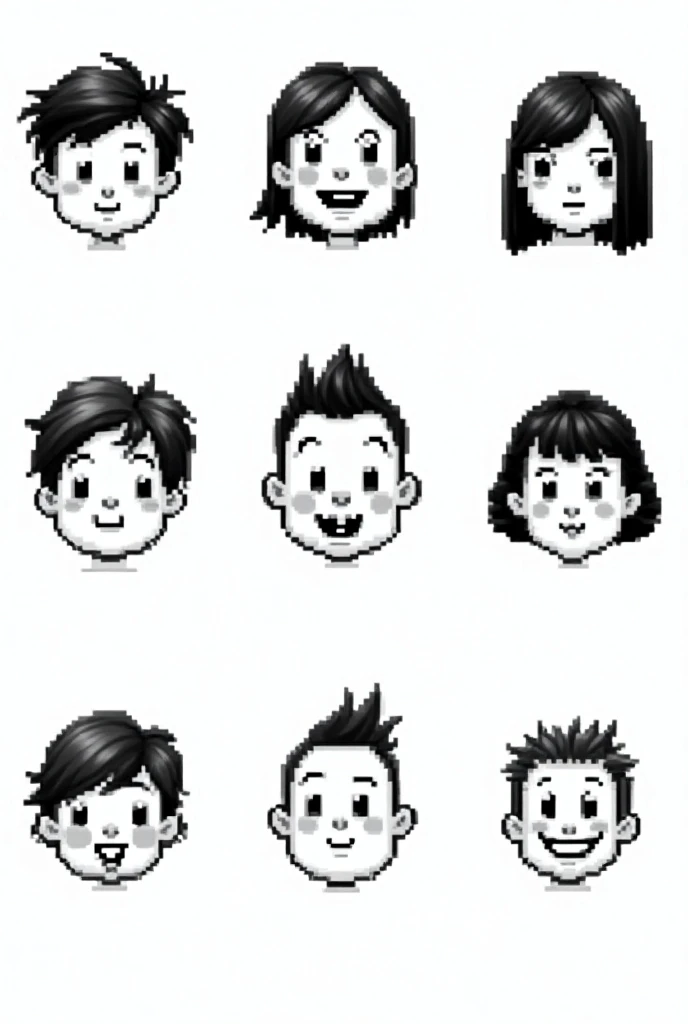   make 7 2d image  + 7 s  +  Black and White  +  image of separate faces + pixels cartoon + The cuties
