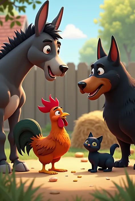 The small rooster meets the donkey and the big black dog and the black cat and they eat and sing