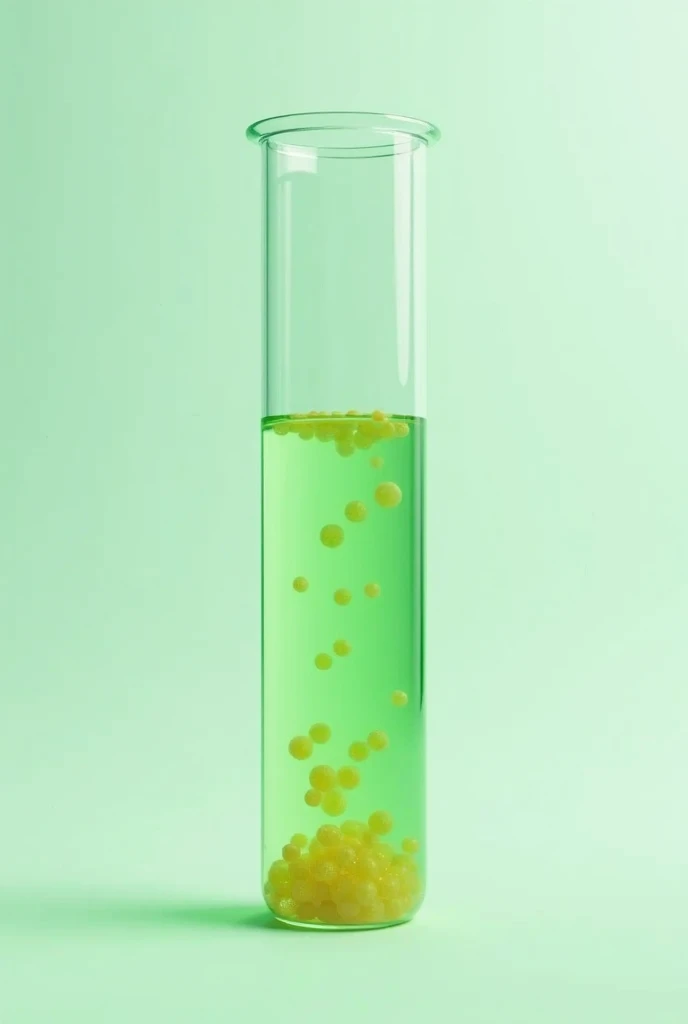  a solution contained in a translucent green test tube in a test tube,  with small yellowish spheres , Expectations of sugar grain size 