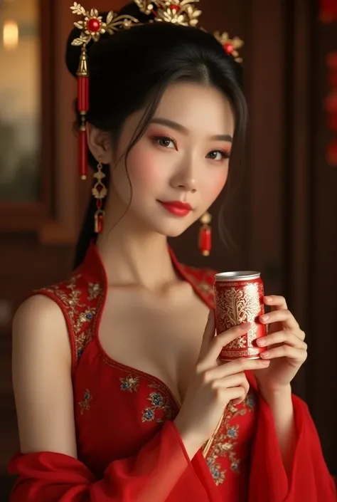 

"A stunning beauty with ancient oriental charm, shown in a close-up shot wearing a red and gold phoenix-embroidered wedding dress, holding a sleek, can "ณัฐจันทบุรี" THE ORIGINAL THAI BEER in her hand. The focus is on the elegant details of her hand and ...