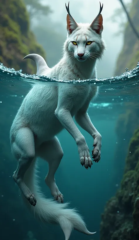 "A sleek hybrid with the agile body and tufted ears of a lynx, combined with the fins and playful agility of a dolphin, moving fluidly between forest and sea."