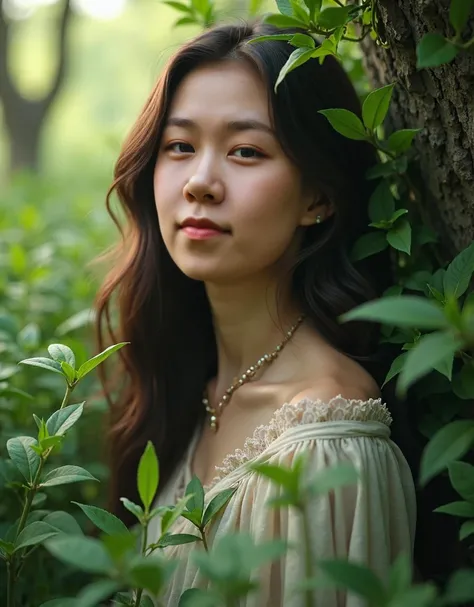 Ultra-realistic 8K photo style - Beautiful woman (Eva), serene expression, surrounded by lush 

greenery, soft light, hyper-realistic digital art, Biblical, ((SFW))