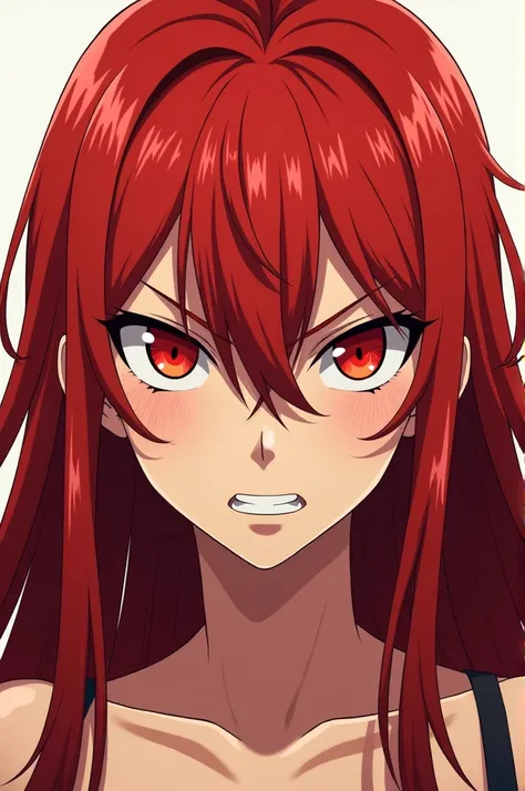 Anime girl with long red hair and red eyes with an angry expression