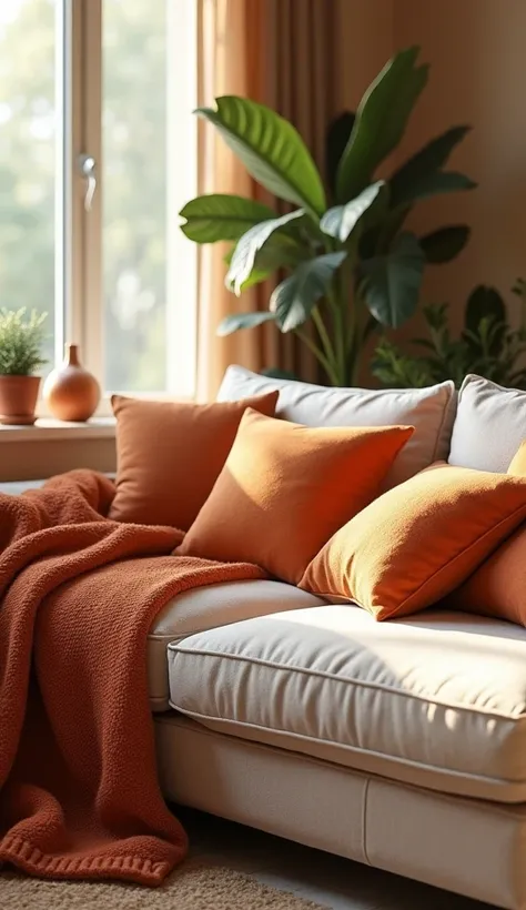 A cozy living room scene showcasing a harmonious color palette of warm, earthy hues displayed through a variety of decor elements. The setting features a soft, neutral sofa complemented by warm-toned throw pillows and blankets that add depth to the room wi...