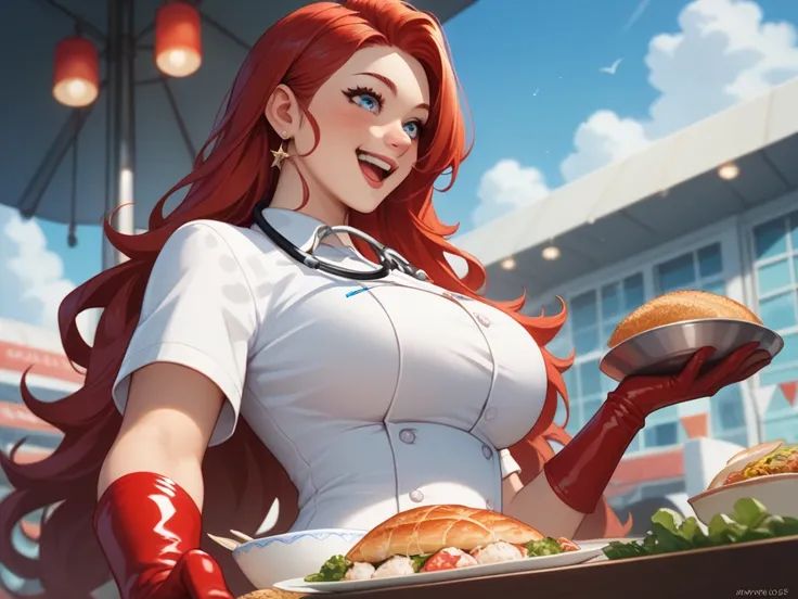 anime style,  masterpiece , Tall nurses  (25 years), linda, red-haired,  Long hair ,  is wearing latex gloves ,  very large breasts  ( leave her clothes tight ),  head tilted slightly to the side, Rice, blue eyes, happy/happy, Excited, sexy,  stethoscope a...